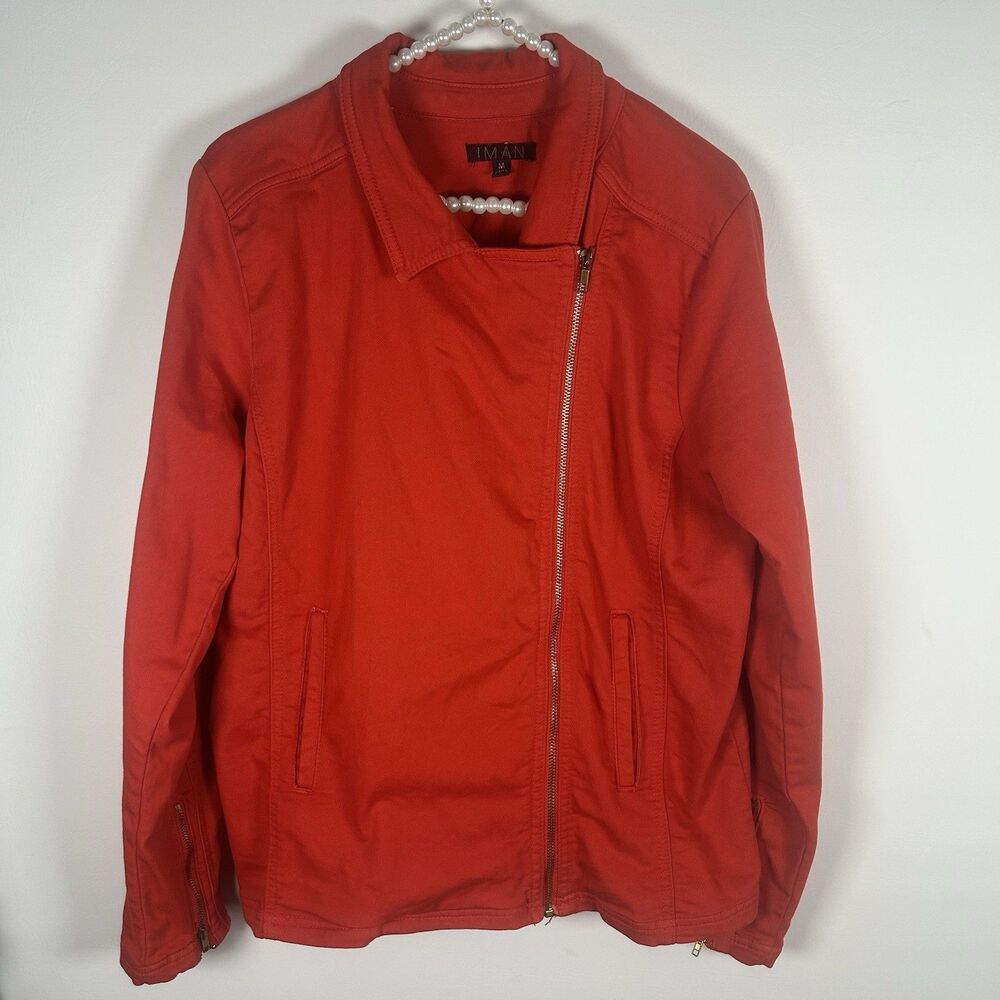 IMAN Jean Jacket Medium Red Asymmetrical Zip Stretch Denim Moto Style Layer